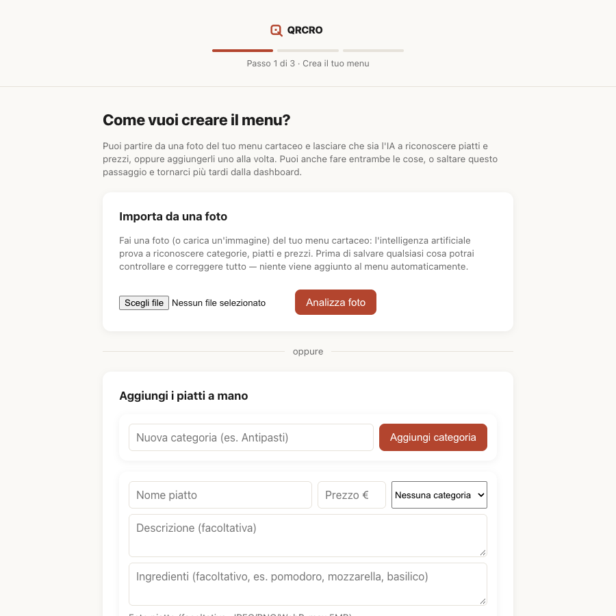 Procedura guidata, passo 1: crea il menu