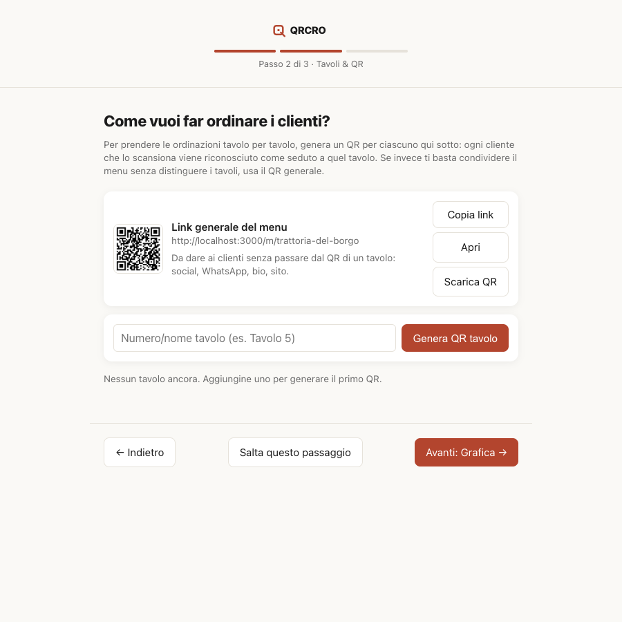 Procedura guidata, passo 2: tavoli e QR