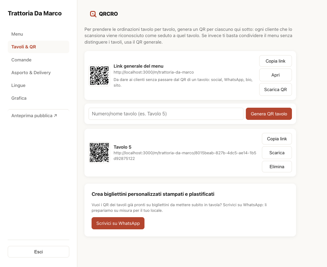 Dashboard Tavoli e QR