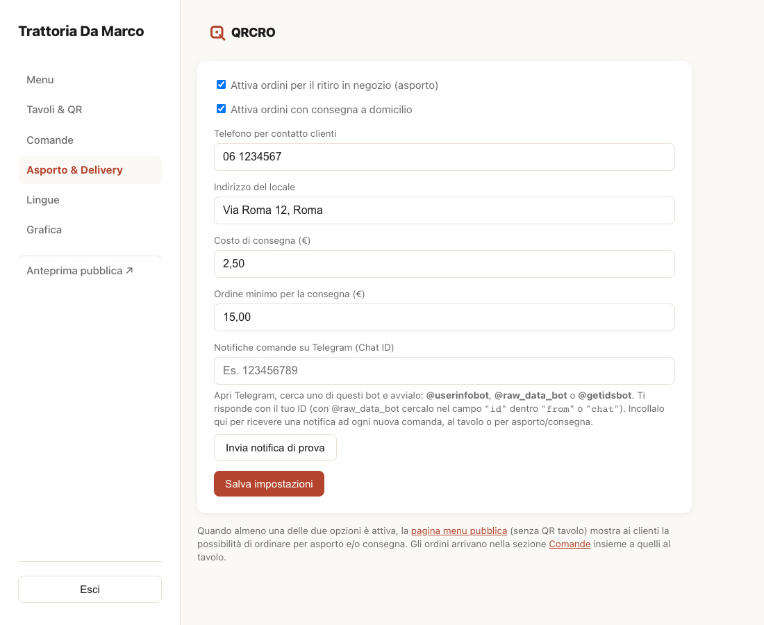Dashboard Asporto e Delivery