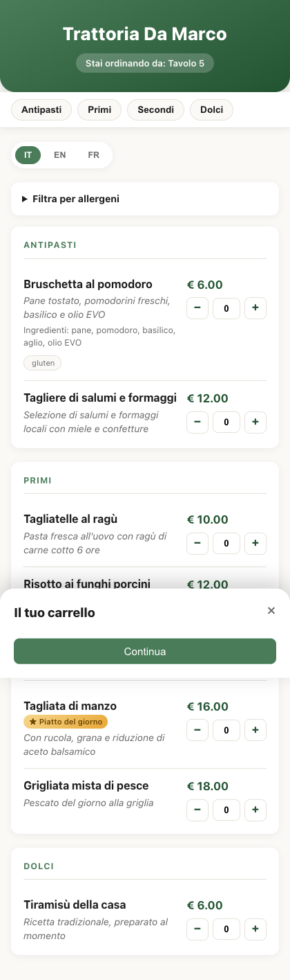 Menu pubblico, vista tavolo